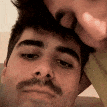 a man with a mustache is looking at the camera