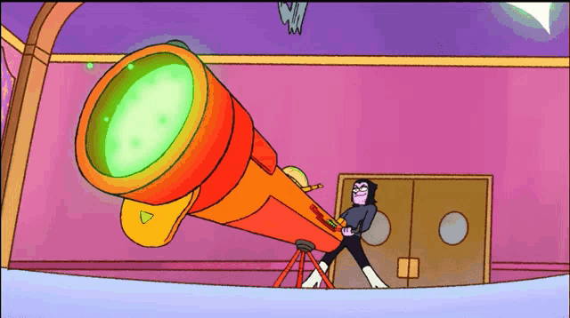 a cartoon character is looking through a telescope with a green light coming out of it