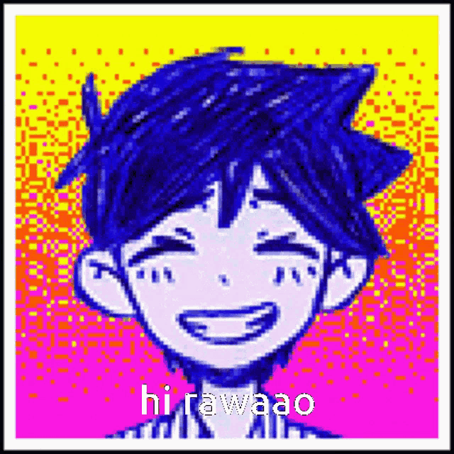 a pixel art drawing of a boy with blue hair smiling with the words hirawaao written below him .