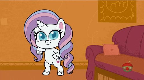 a cartoon pony with purple and blue hair is standing in front of a pink couch