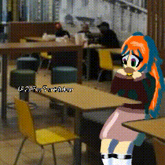 a pixel art of a girl sitting at a table in a cafe