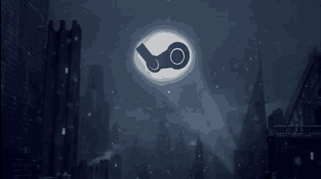 a steam logo is displayed in the sky above a snowy city