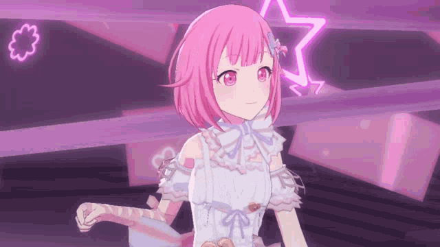 a pink haired anime girl in a white dress is standing in front of a purple star .
