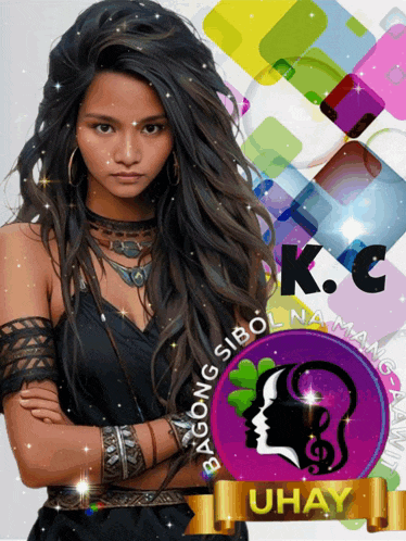 a woman with long hair is standing in front of a sign that says kc