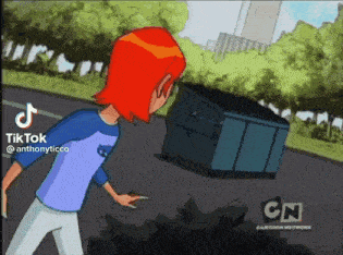 a cartoon character with red hair is standing next to a dumpster on the side of the road .