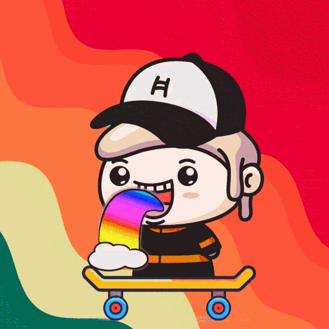 a boy wearing a hat with the letter h on it is riding a skateboard