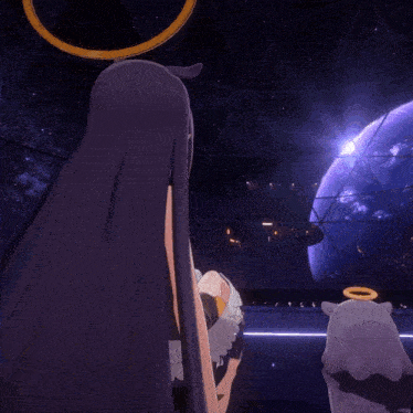 a girl with long black hair is looking at a planet