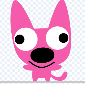 a pink cat with big eyes and a black nose is smiling