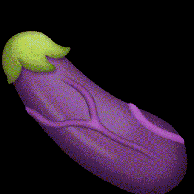 a purple eggplant with a green stem and leaves