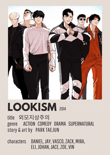 a poster for lookism shows a group of young men standing next to each other