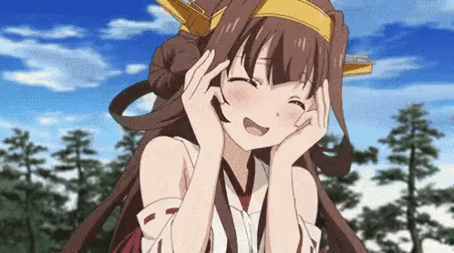 a girl from an anime is smiling and holding her hands to her face .