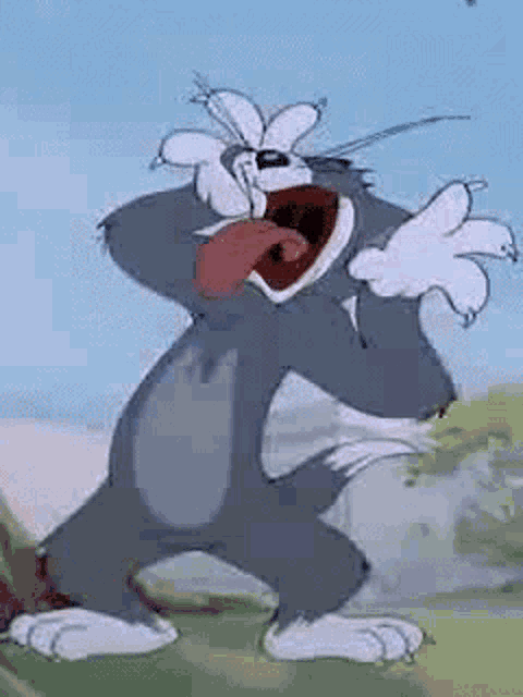 tom from tom and jerry is standing in a field with his mouth open and his tongue hanging out .