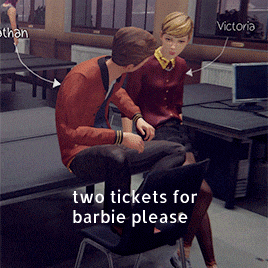 a man and a woman are sitting in a chair with the words two tickets for barbie please