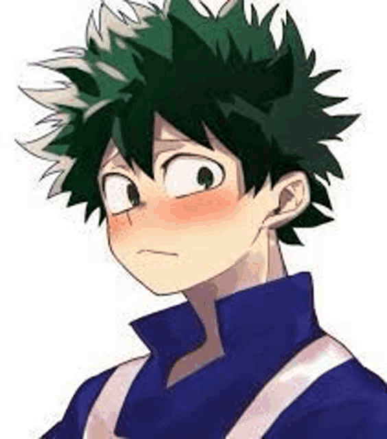 a close up of a cartoon character with green hair and a blue shirt .