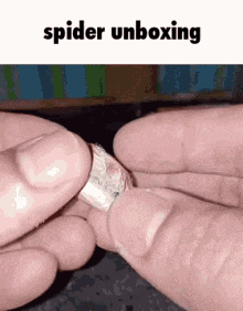 a close up of a person 's hand holding a piece of paper that says spider unboxing .