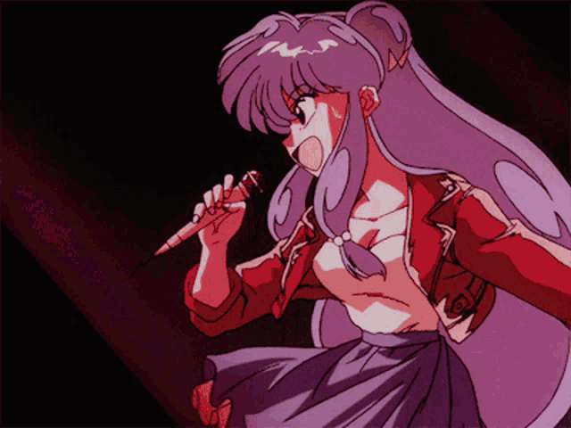 a cartoon girl singing into a microphone with purple hair