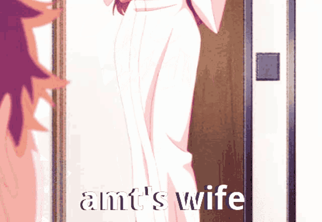 a cartoon of a woman standing in front of a door with the words amt 's wife written on it