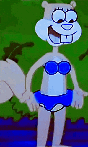 sandy cheeks from spongebob is wearing a blue bikini top