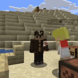 two minecraft characters are standing next to each other on a beach