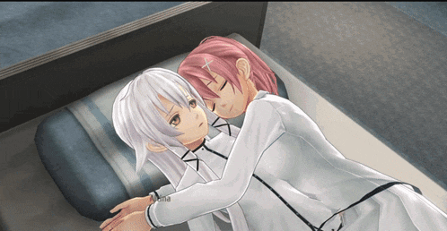 a couple of anime characters laying on a bed with one saying " anna "