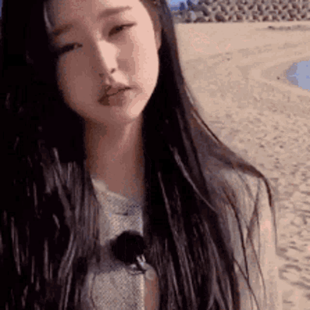 a woman with long black hair is standing on a sandy beach .
