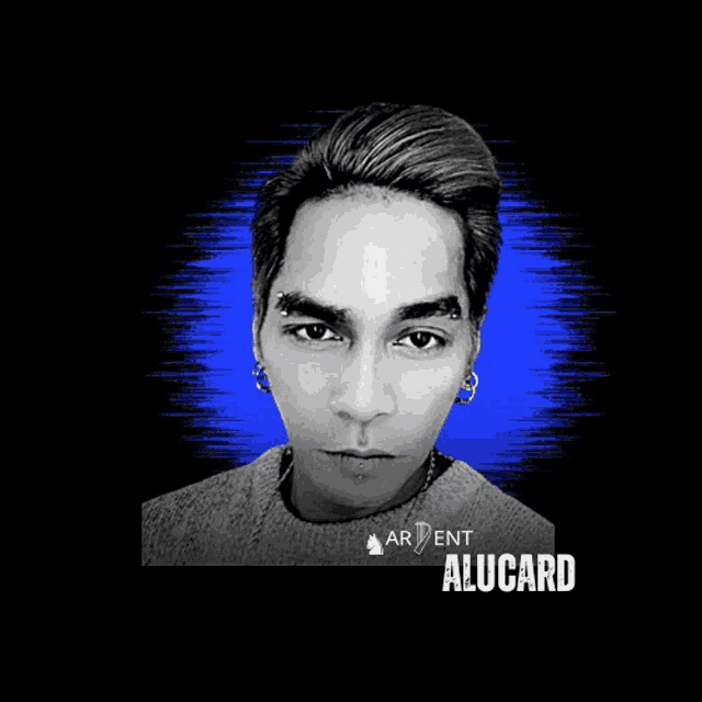 a black and white photo of a man with the name alucard below him