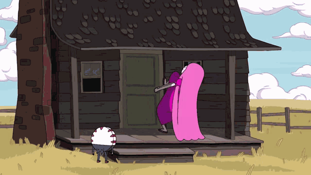 a cartoon drawing of a house with a pink ghost standing in front of it