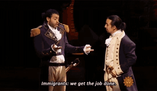 two men giving each other a high five with the words " immigrants we get the job done "
