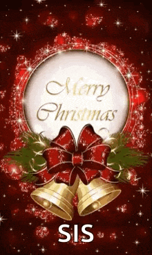 a merry christmas greeting card with bells and a red bow .