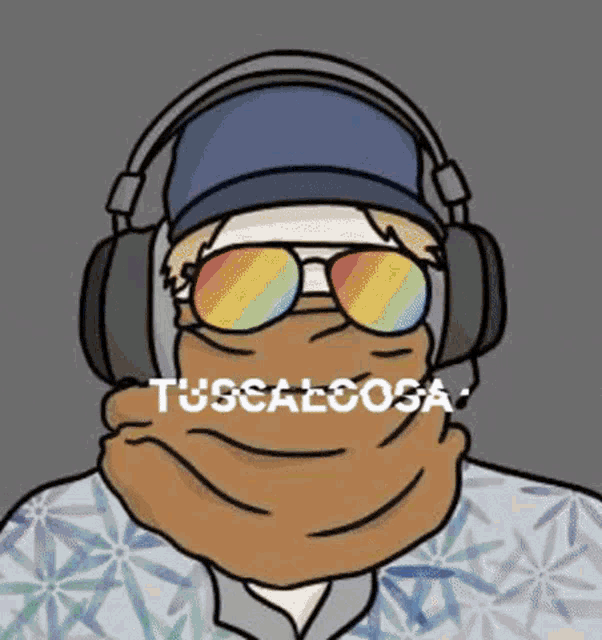 a cartoon of a man wearing headphones and sunglasses with tuscalosa written on his face