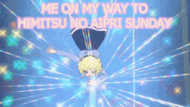 a girl is flying through the air with the words me on my way to himitsu no aipri sunday