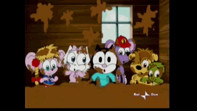 a group of cartoon characters are standing in a room with the words rai due on the bottom left