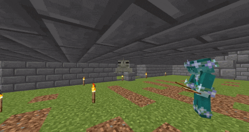 a person in a blue armor is standing in a room with a statue in the background