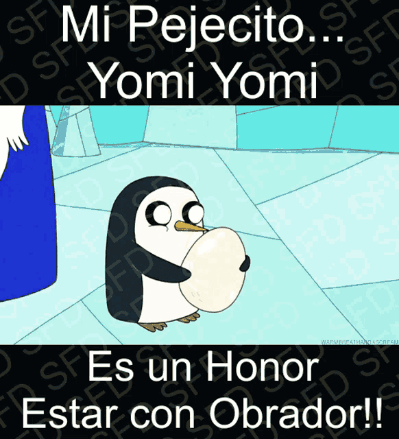 a picture of a penguin with the words " mi rejecto yomi yomi "