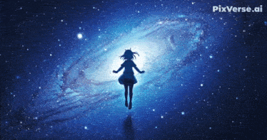 a girl in a dress is flying through a galaxy with pixverse.ai written on the bottom