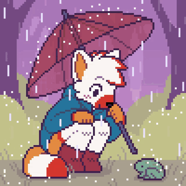 a pixel art drawing of a fox holding an umbrella