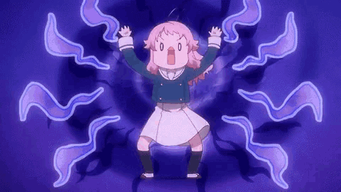 a cartoon girl is standing in a dark room with purple waves coming out of her hands .