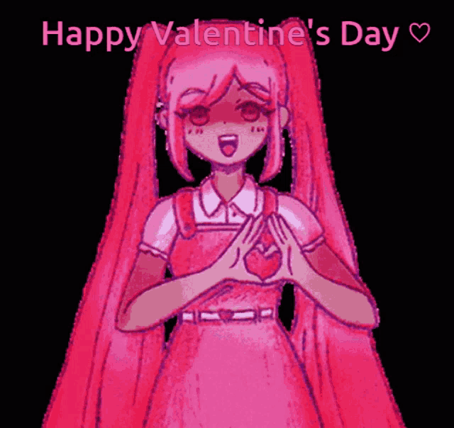 a valentine 's day card with a girl in a pink dress making a heart shape with her hands