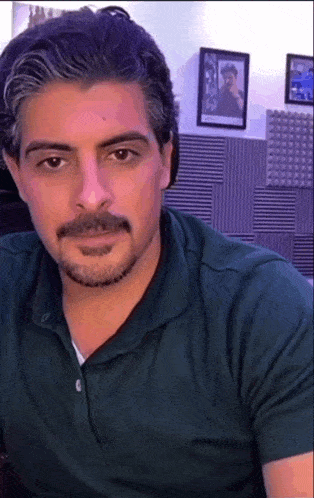 a man with a mustache is wearing a green polo shirt