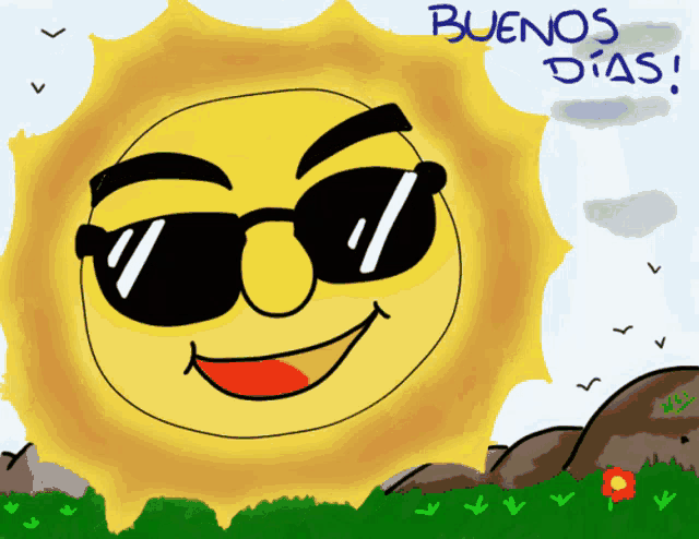 a drawing of a sun with sunglasses and the words buenos dias