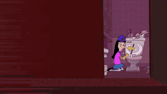 a cartoon of a girl standing in a bathroom with a toilet