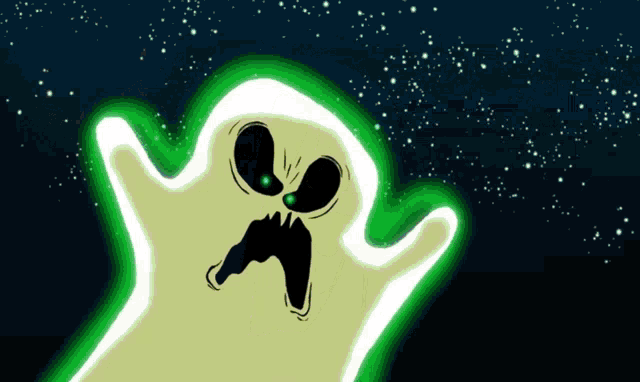 a cartoon drawing of a ghost with a green light behind it