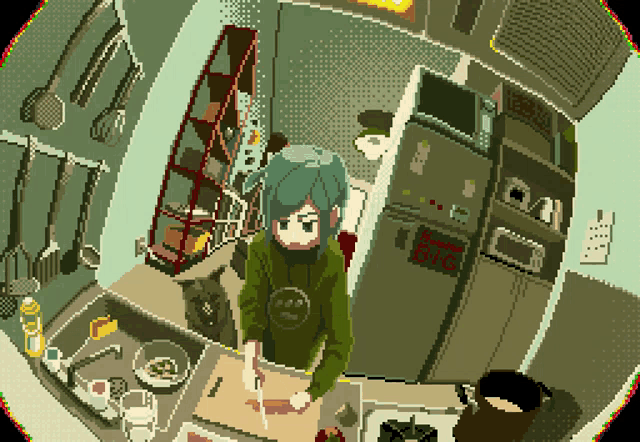 a pixel art of a girl in a kitchen with a sign that says big