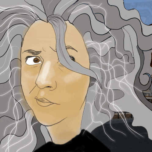 a drawing of a woman 's face with long gray hair