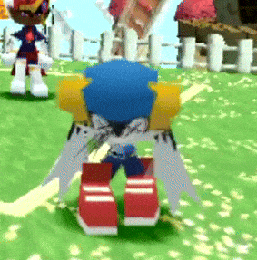 a cartoon character is standing in a grassy field with a fence in the background