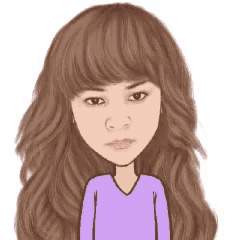 a cartoon of a woman with long brown hair and bangs wearing a purple sweater .
