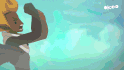 a cartoon of a man flexing his muscles against a blue sky