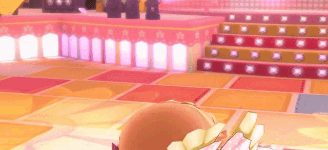 a cartoon character is standing in front of a stage with stairs