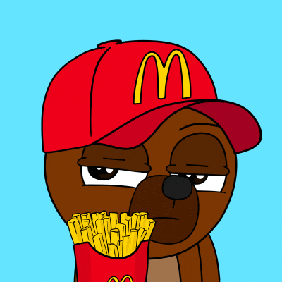 a cartoon dog wearing a red mcdonald 's hat and holding a bag of french fries
