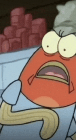 a close up of a cartoon character with a surprised expression on his face .